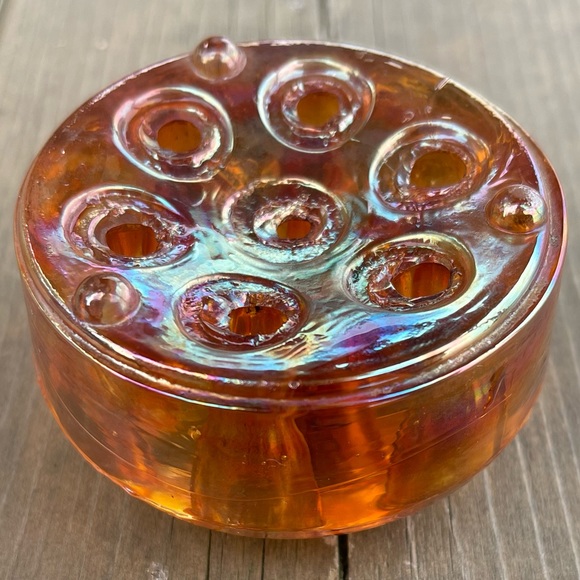 Vintage Iridescent Marigold Carnival Glass Flower Frog Floral Arranger - Picture 11 of 14